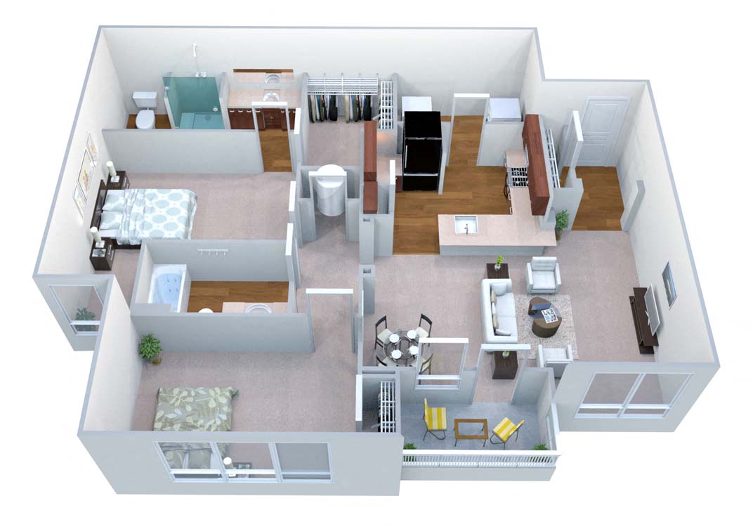 Floor plan for 2 beds, 2 baths, 1232 sqft